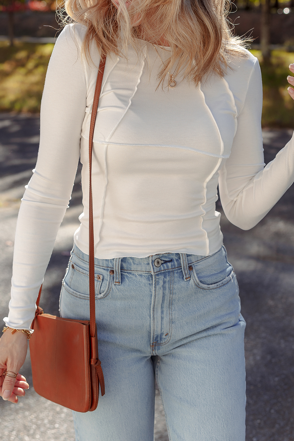 White Exposed Seam Ribbed Knit Slim Fit Long Sleeve Top - Image 5