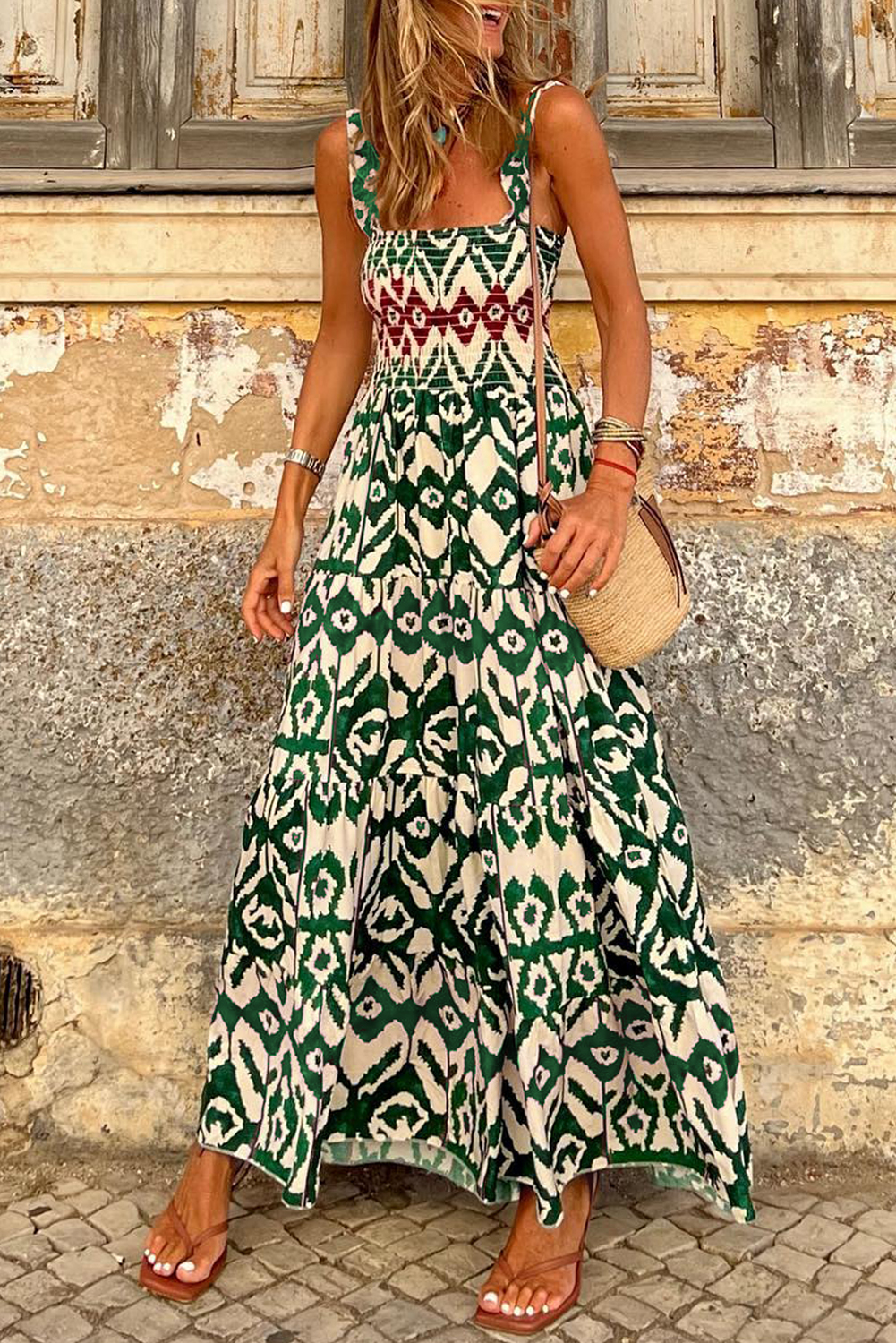 Green Western Aztec Shirred A-line Sleeveless Maxi Dress - Image 7