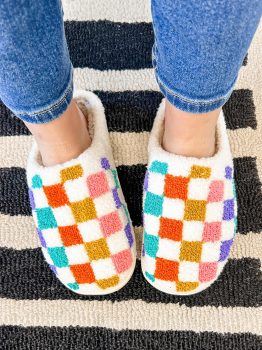 White Vibrant Checkered Plush Thermal Slippers
