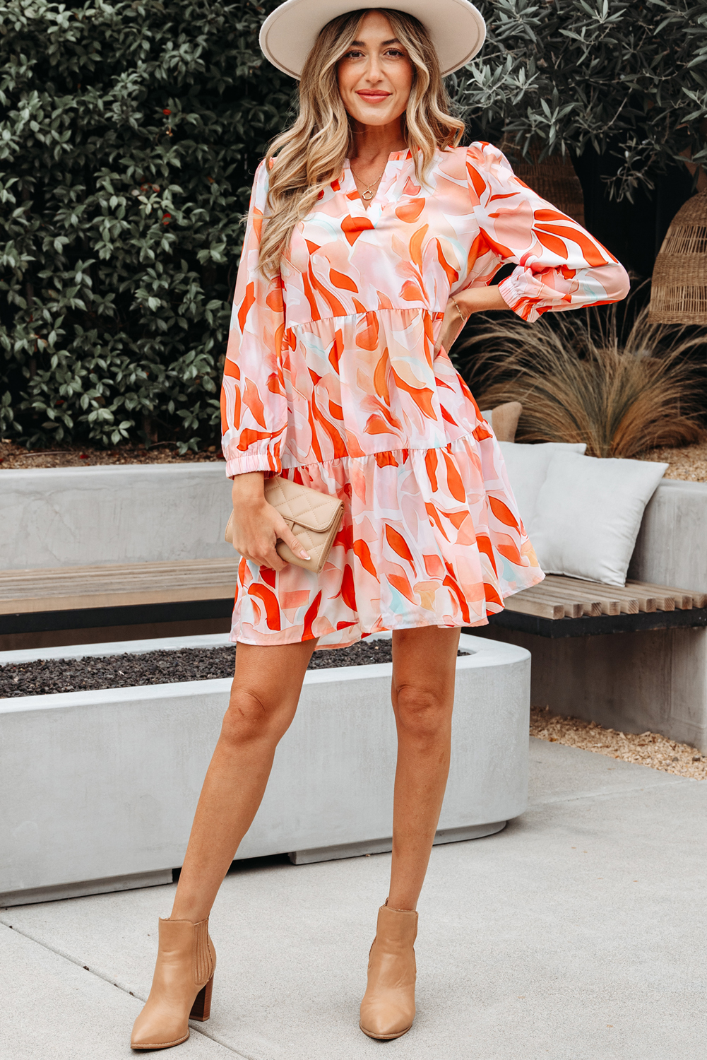 Orange Abstract Print Split Neck Long Sleeve Dress - Image 6