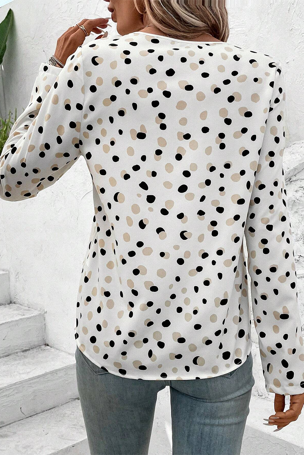 White Polka Dot Print Button Front V Neck Blouse - Image 2