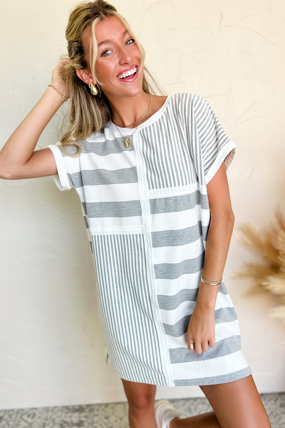 Gray Stripe Mixed Printed Short Sleeve Shift Mini T Shirt Dress - Image 5
