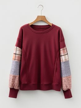 Red Sandalwood Plaid Colorblock Patchwork Sleeve Raw Seam Sweatshirt