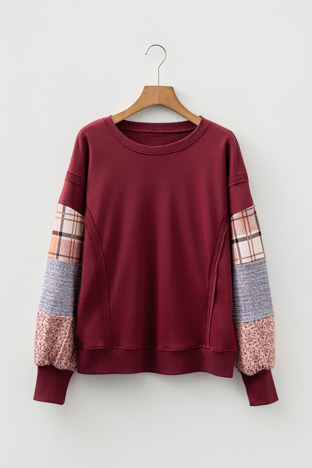 Red Sandalwood Plaid Colorblock Patchwork Sleeve Raw Seam Sweatshirt