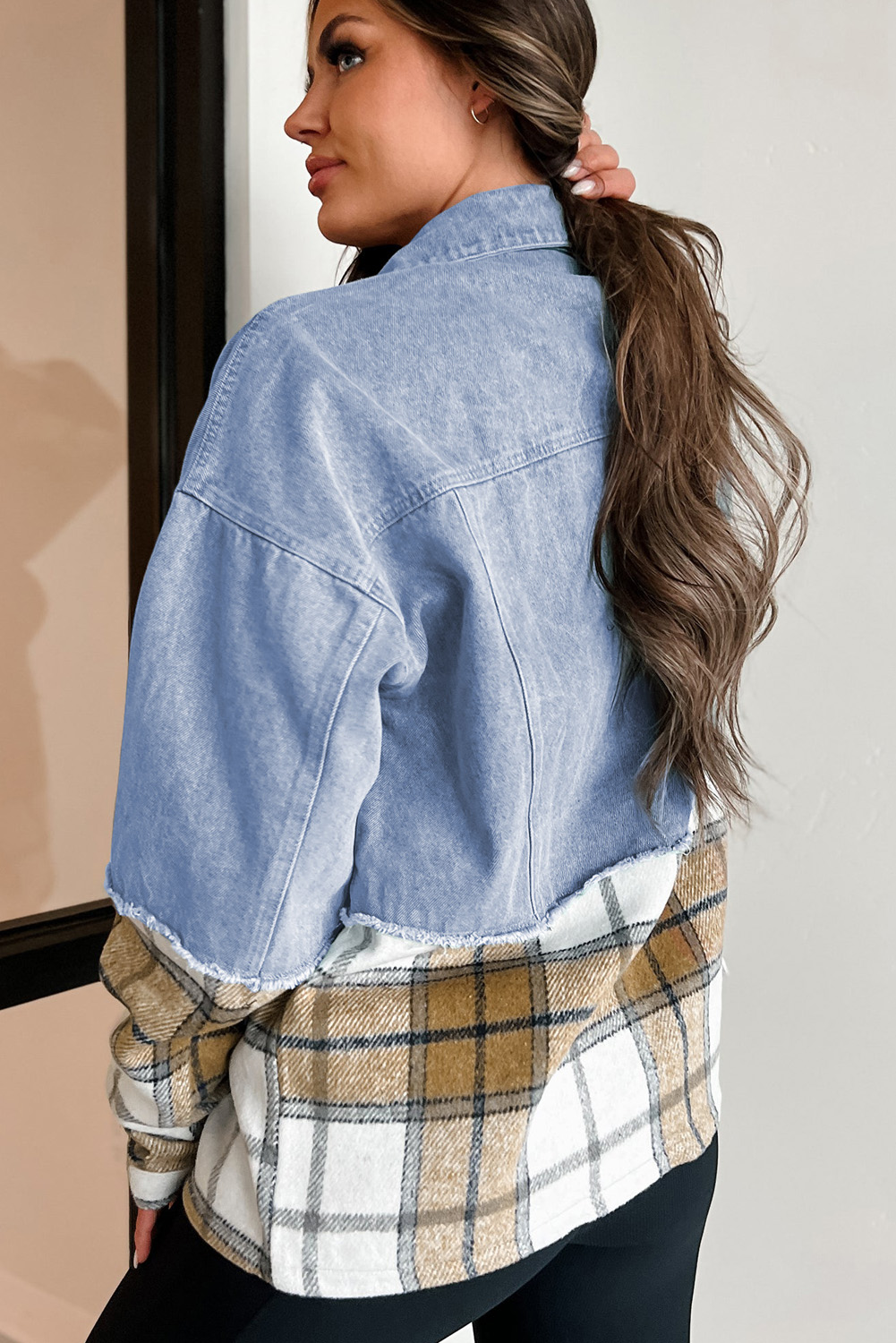 Khaki Plaid Patchwork Buttoned Oversized Denim Jacket - Image 2
