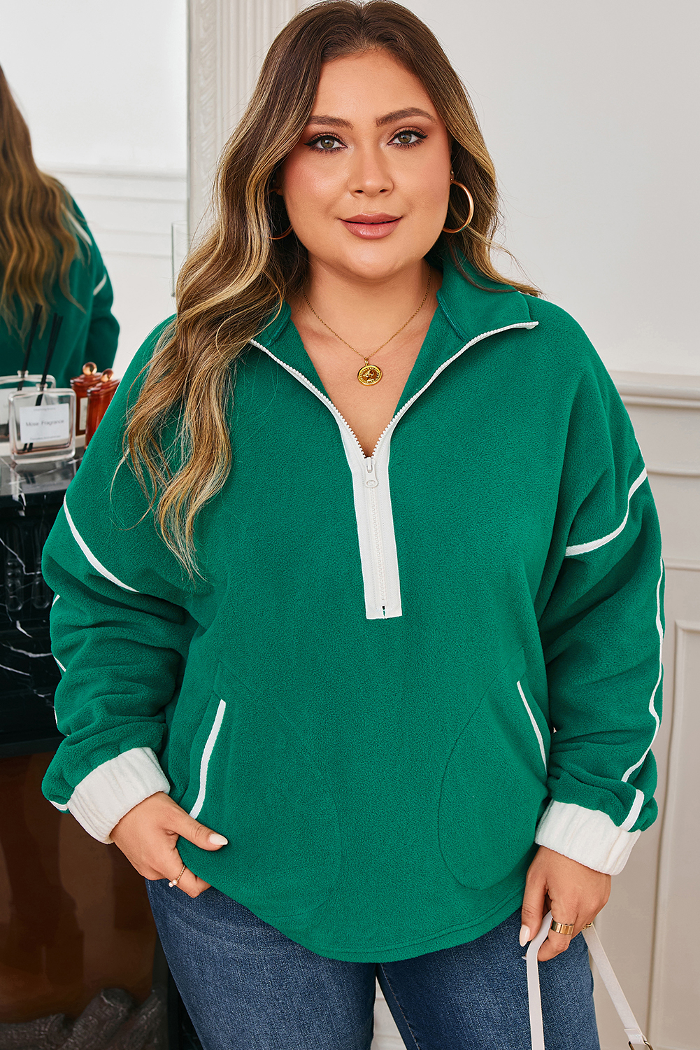 Dark Green Half Zip Contrast Trim Pocketed Plus Size Fleece Sweatshirt - Image 3