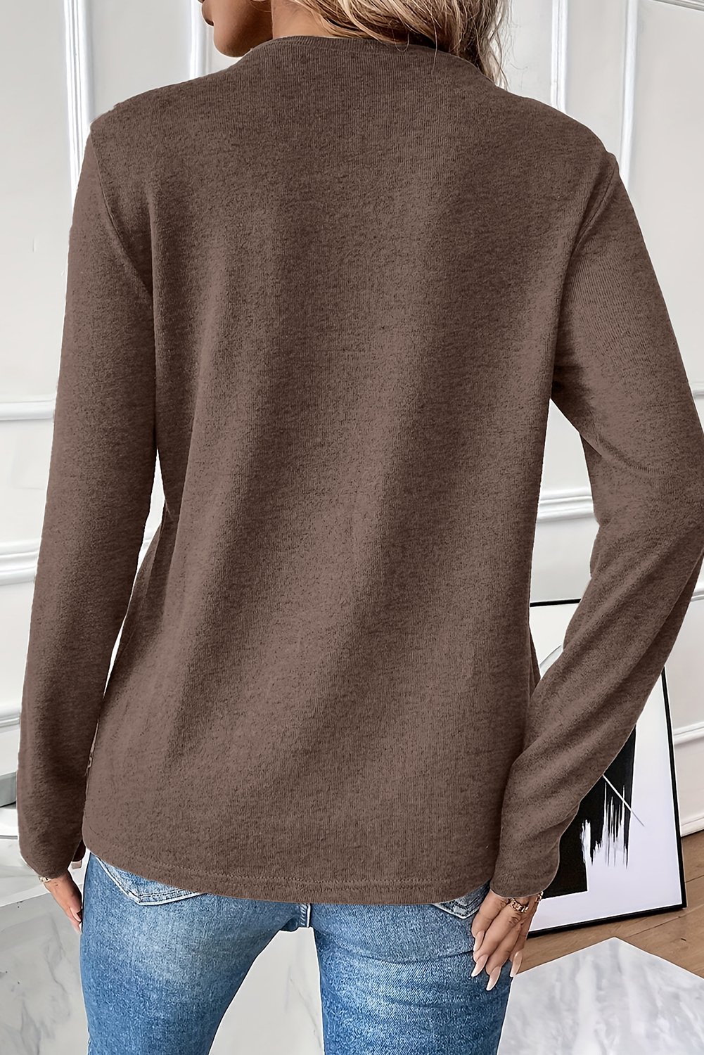 Chicory Coffee Solid Exposed Seam Crew Neck Long Sleeve Top - Image 2