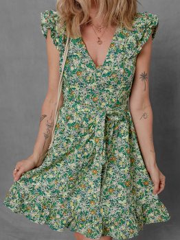 Green Flower Print Flutter Sleeve V Neck Sashed Ruffled Mini Dress