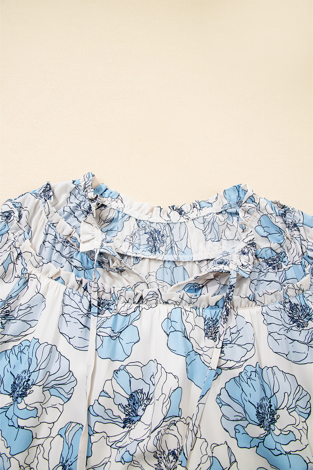 Sky Blue Floral Print Tie Neck Long Sleeve Flowy Mini Dress - Image 6