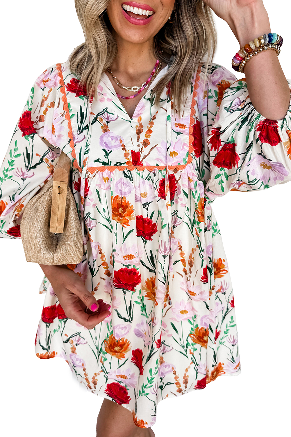 Beige Floral Print 3/4 Puff Sleeve Ricrac Trim Mini Dress - Image 7