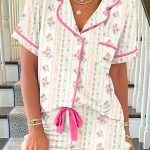 Beige Floral Print Contrast Pipping Short Pajamas Set