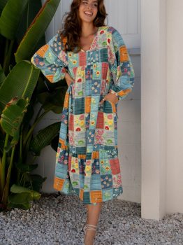 Sky Blue Mix Floral Checkered Pattern Bubble Sleeve Ruffle Hem Dress