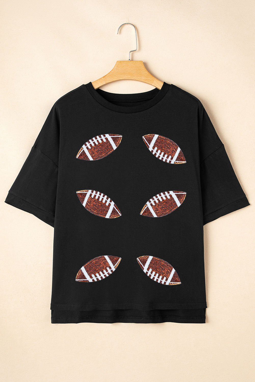 Black Sequin Rugby Football Patched Crewneck Loose T Shirt - Image 6