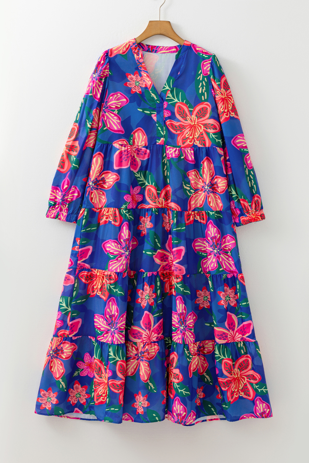 Blue Floral Print 3/4 Sleeve V Neck Tiered Long Dress - Image 3