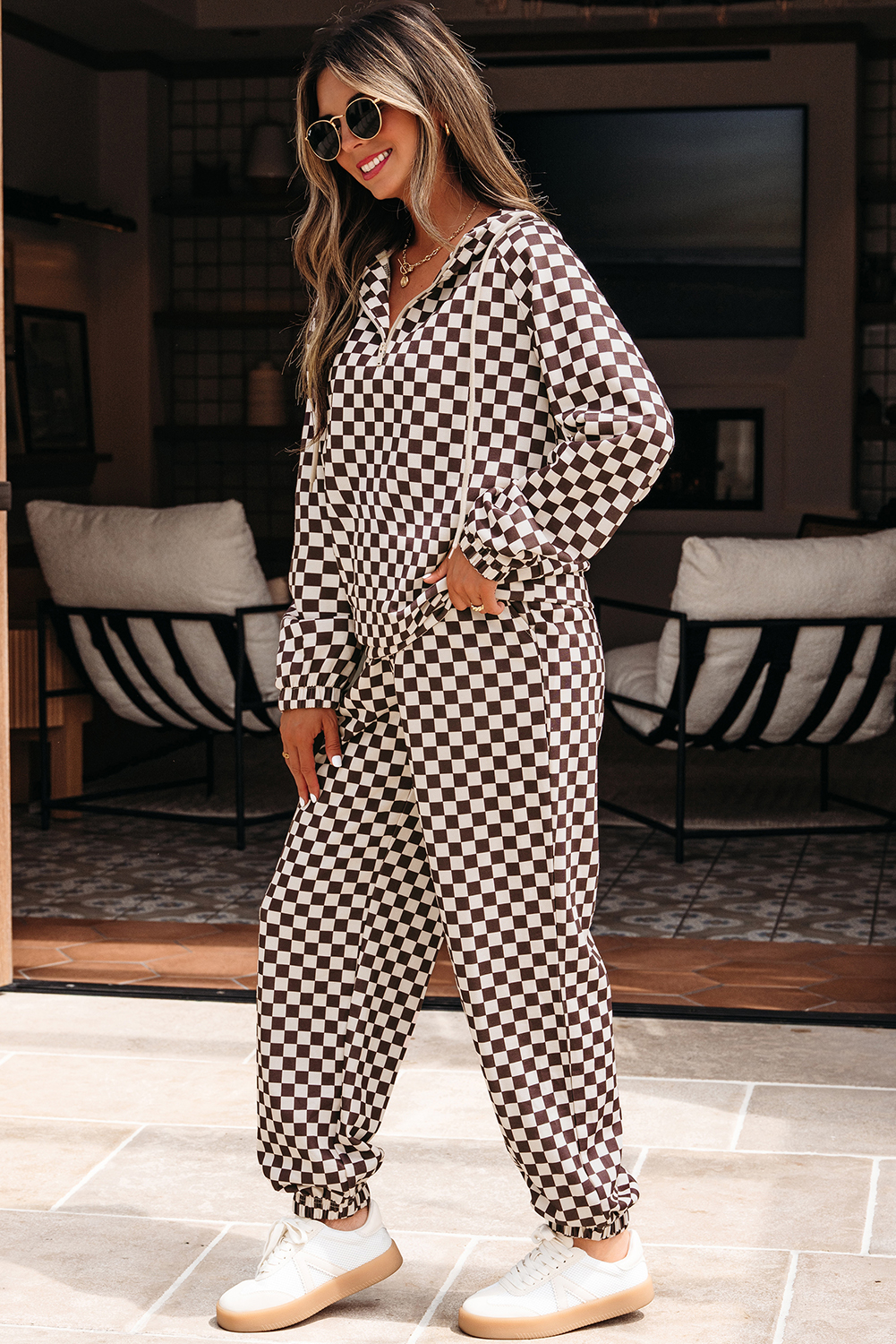 Black Athleisure Checkered 2pcs Pants Set - Image 3