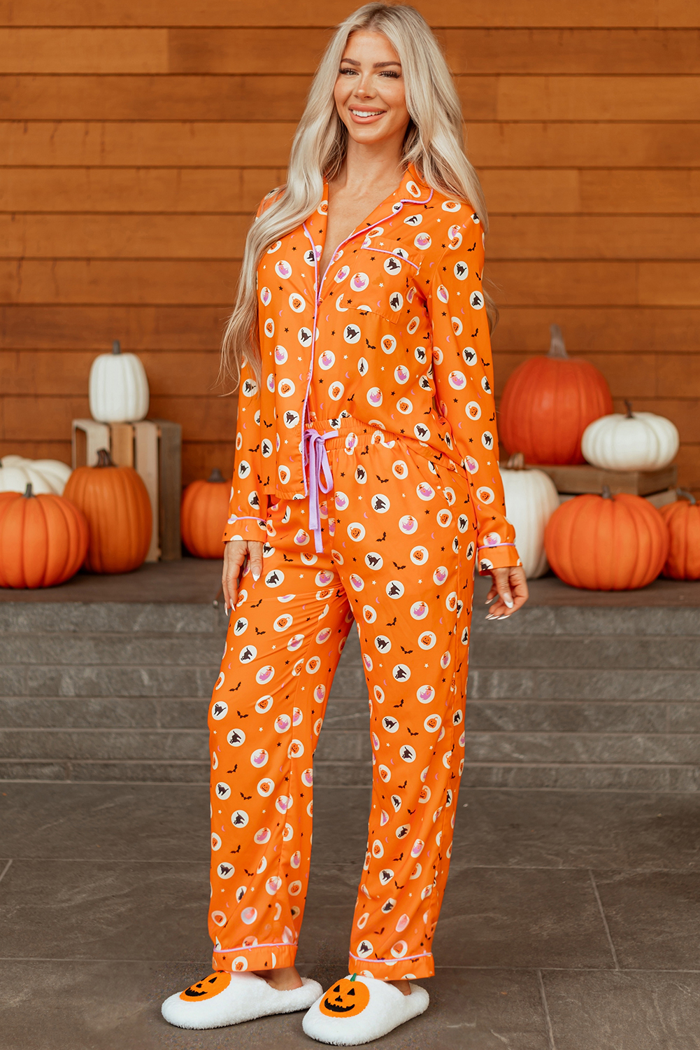 Orange Halloween Print Lapel Shirt Long 2pcs Pajama Set - Image 6