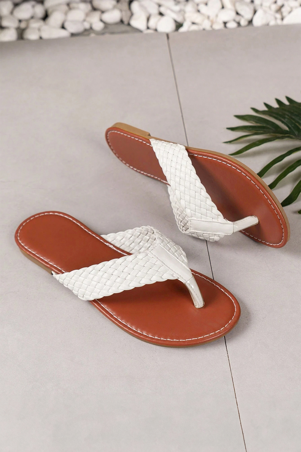 White Braided Strap PU Leather Flip Flop - Image 5