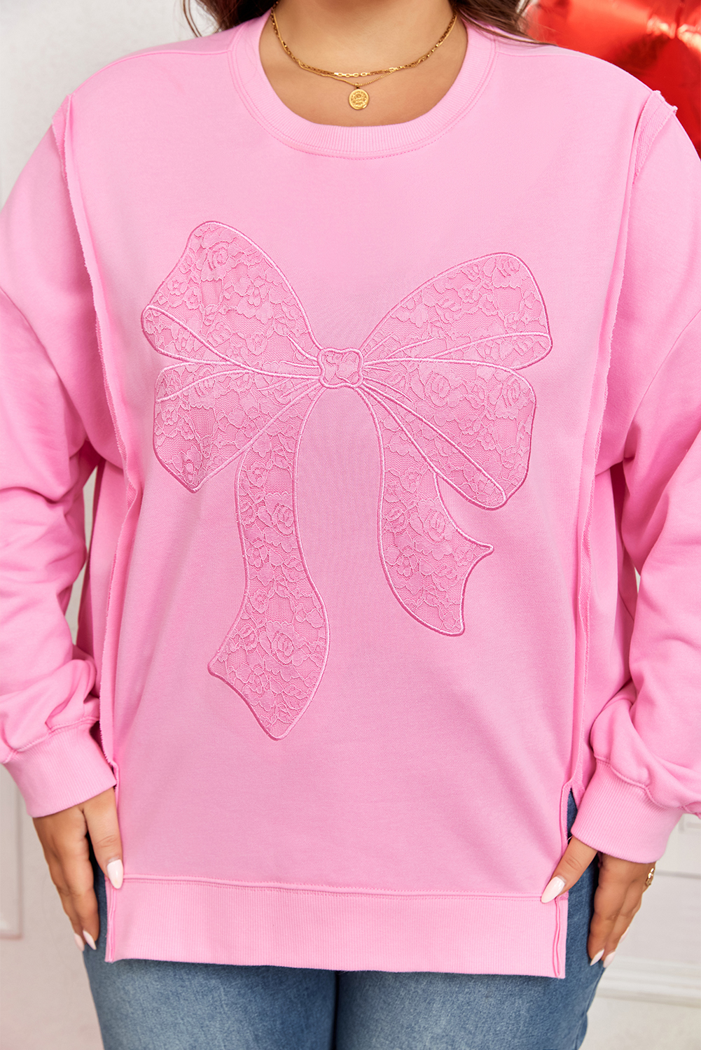 Pink Big Bow Lace Embroidered Dolman Sleeve Slit Plus Size Sweatshirt - Image 8