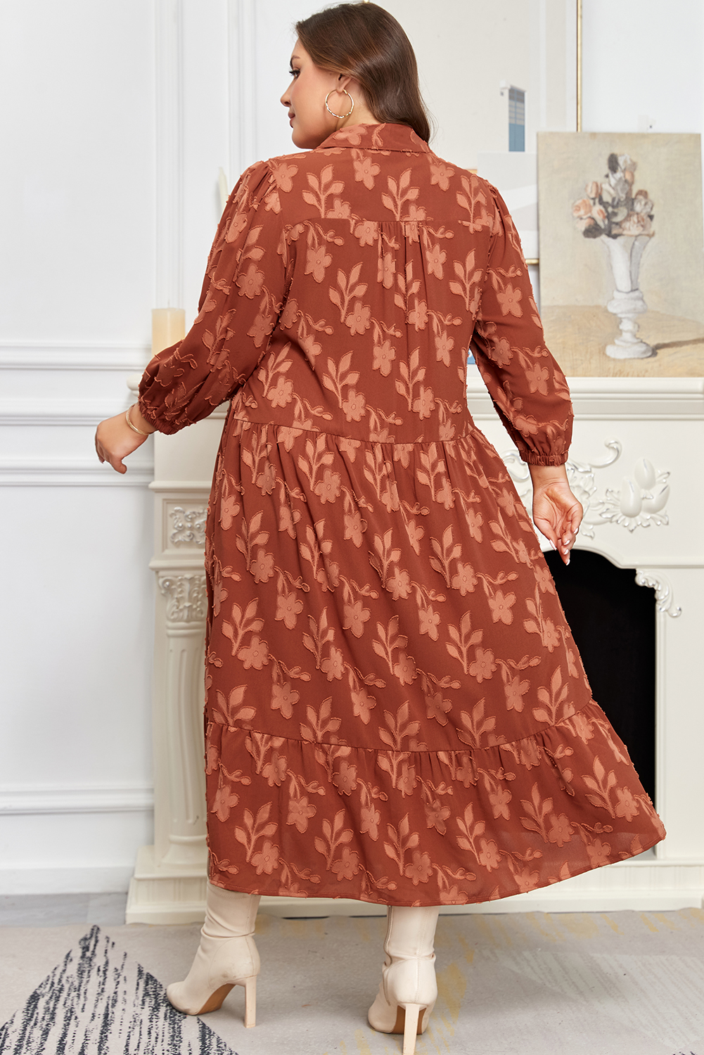 Cinnamon Plus Size Textured 3D Flower Pattern Ruffle Hem 3/4 Sleeve Long Dress - Image 2