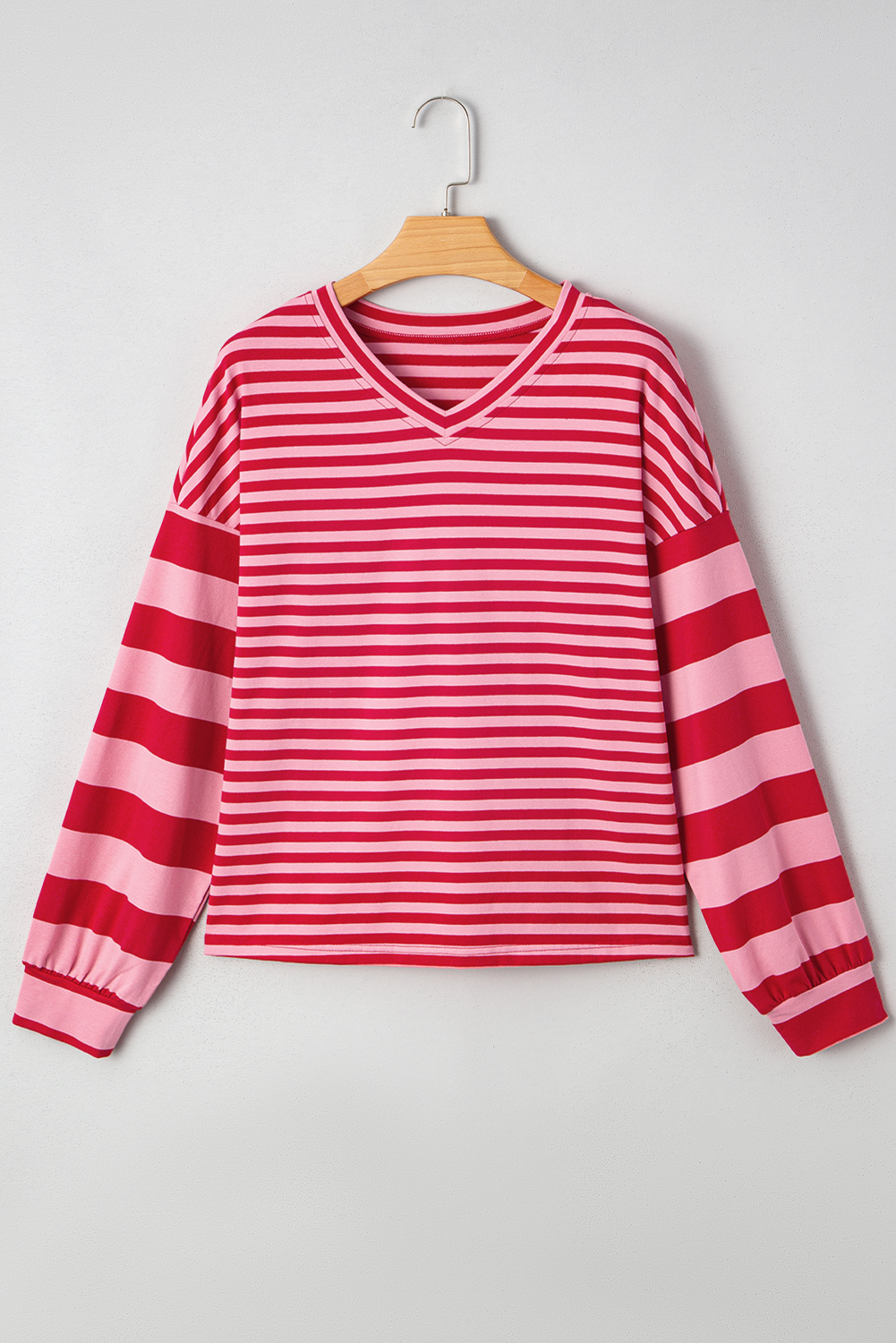 Strawberry Pink Mix Striped Drop Shoulder Patchwork Sleeve V Neck Pullover - Image 3