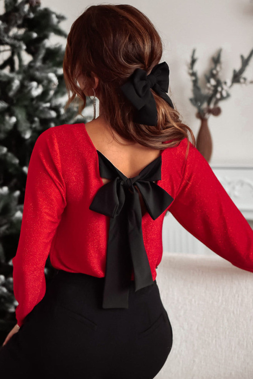 Racing Red Metallic Bowknot Open Back V Neck Top - Image 7