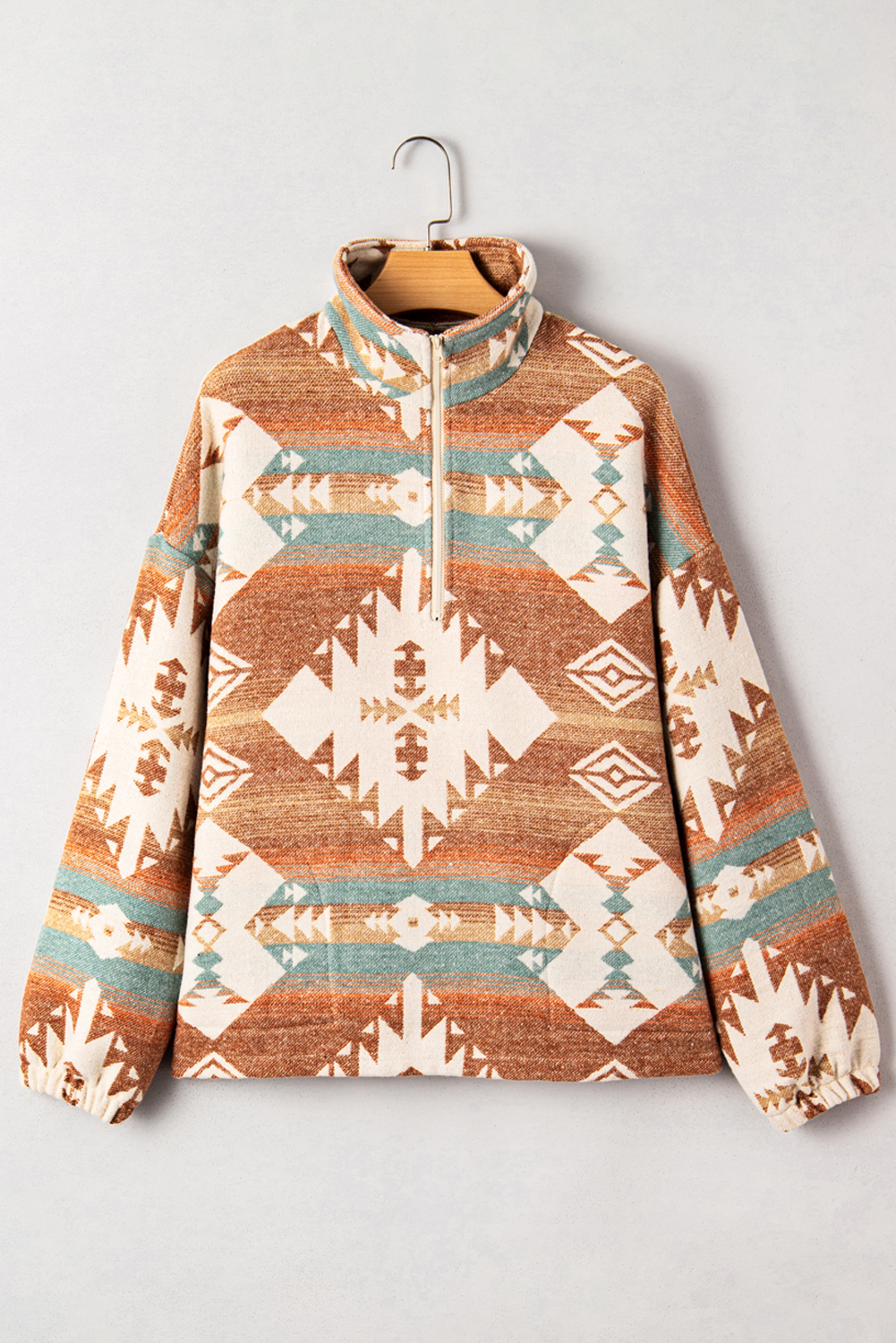 Khaki Quarter Zip Elastic Cuffs Aztec Sweatshirt - Image 4