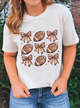 White Football Fashion Bow Print Cotton Blend T Shirt