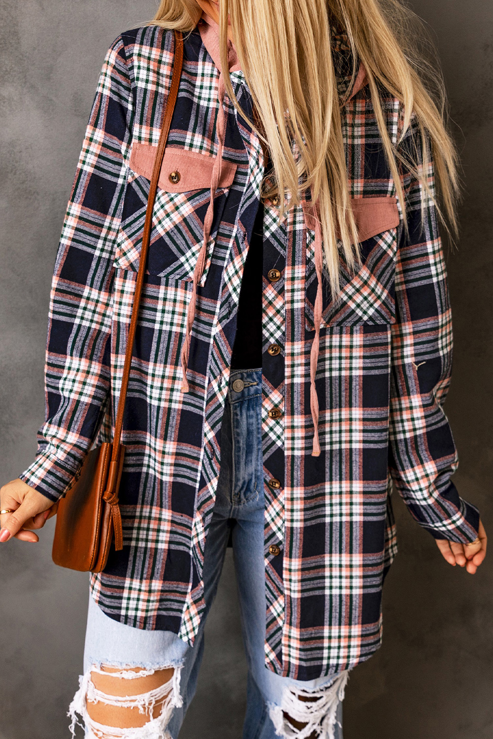 Pink Contrast Hooded Drawstring Plaid Shacket - Image 4