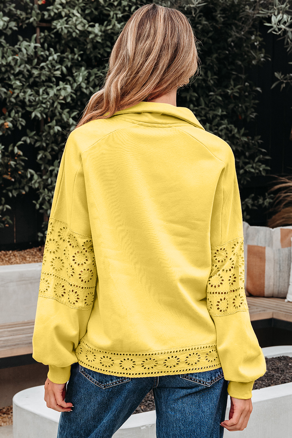Yellow Cream Embroidered Flower Patchwork Snap Buttons Pullover Sweatshirt - Image 2