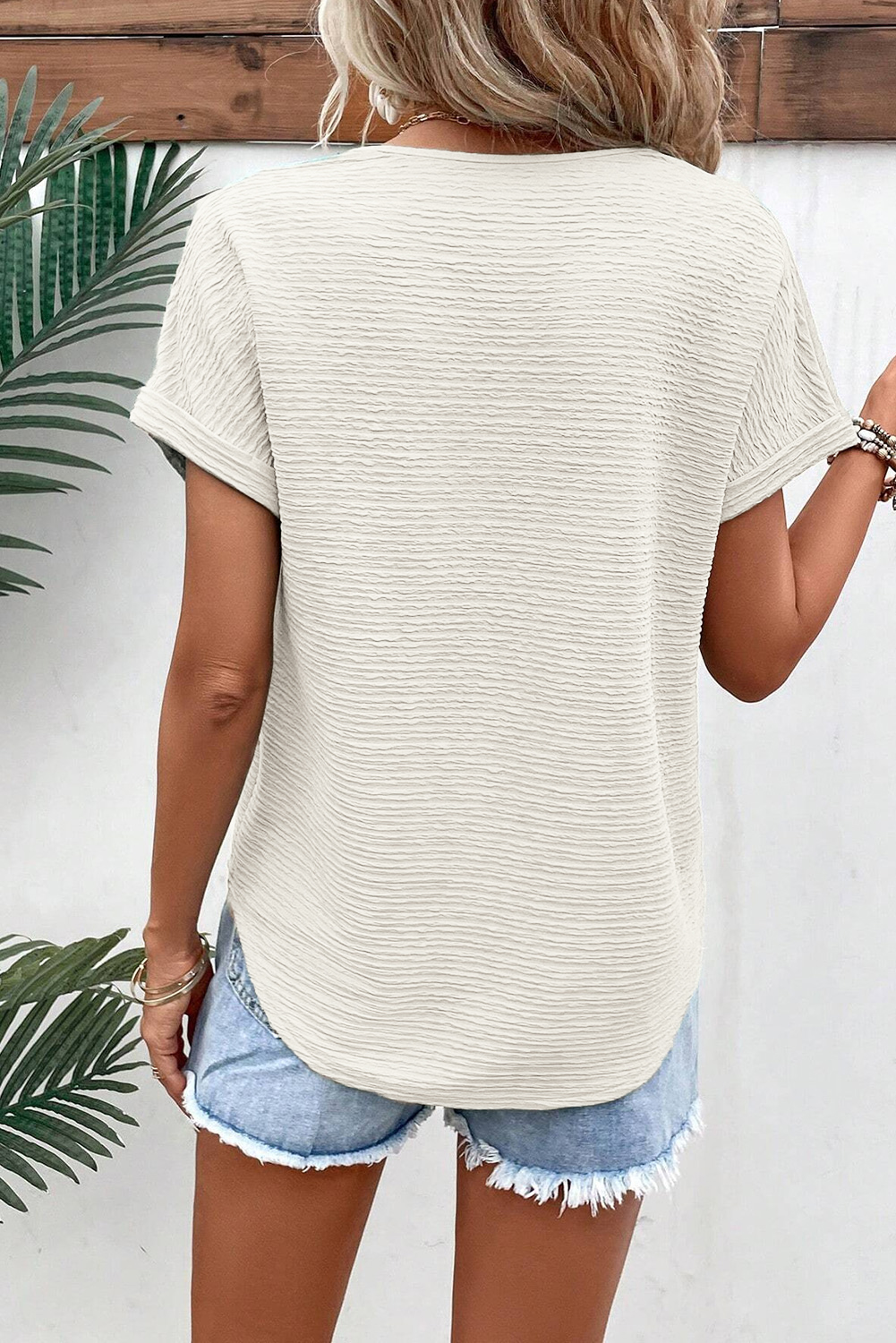 Pale Khaki Textured Wide Sleeve V Neck T Shirt - Image 2