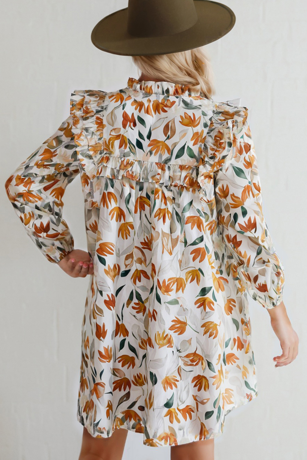 Yellow Floral Print Tie Neck Frilled Detail Long Sleeve Mini Dress - Image 3