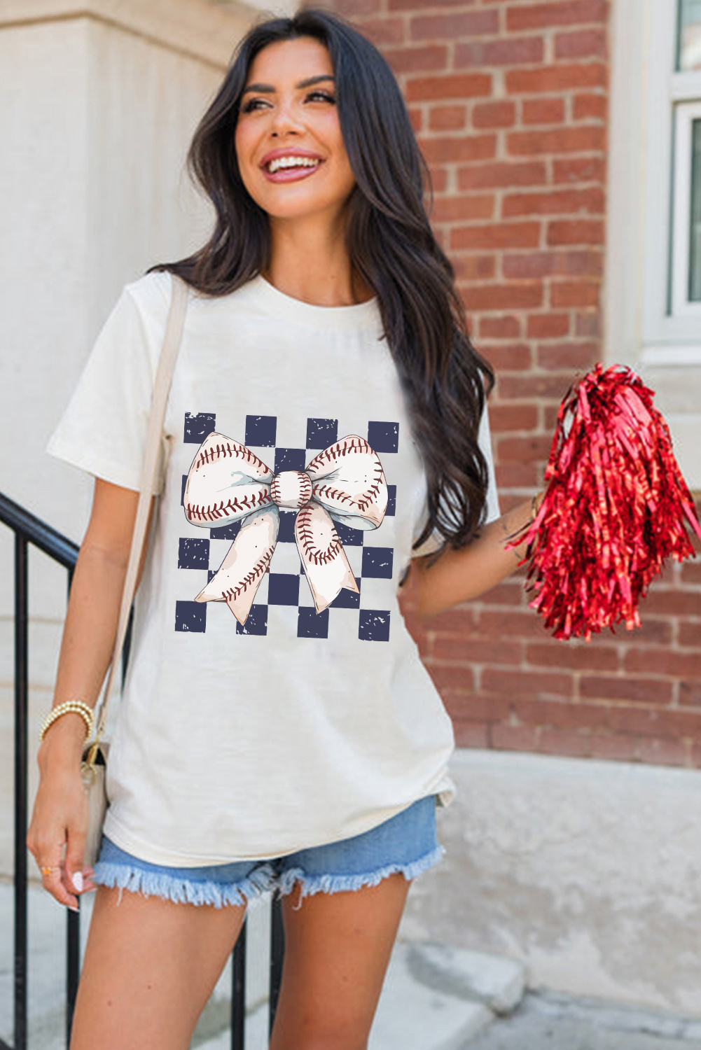 White Checkered Rugby Bowknot Graphic Crew T Shirt - Image 5