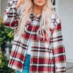 Fiery Red Geometric Plaid Print Pocketed Shacket