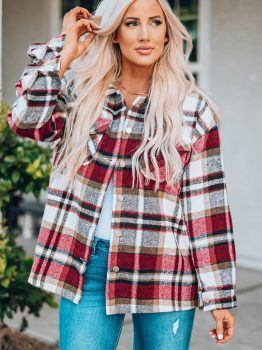 Fiery Red Geometric Plaid Print Pocketed Shacket