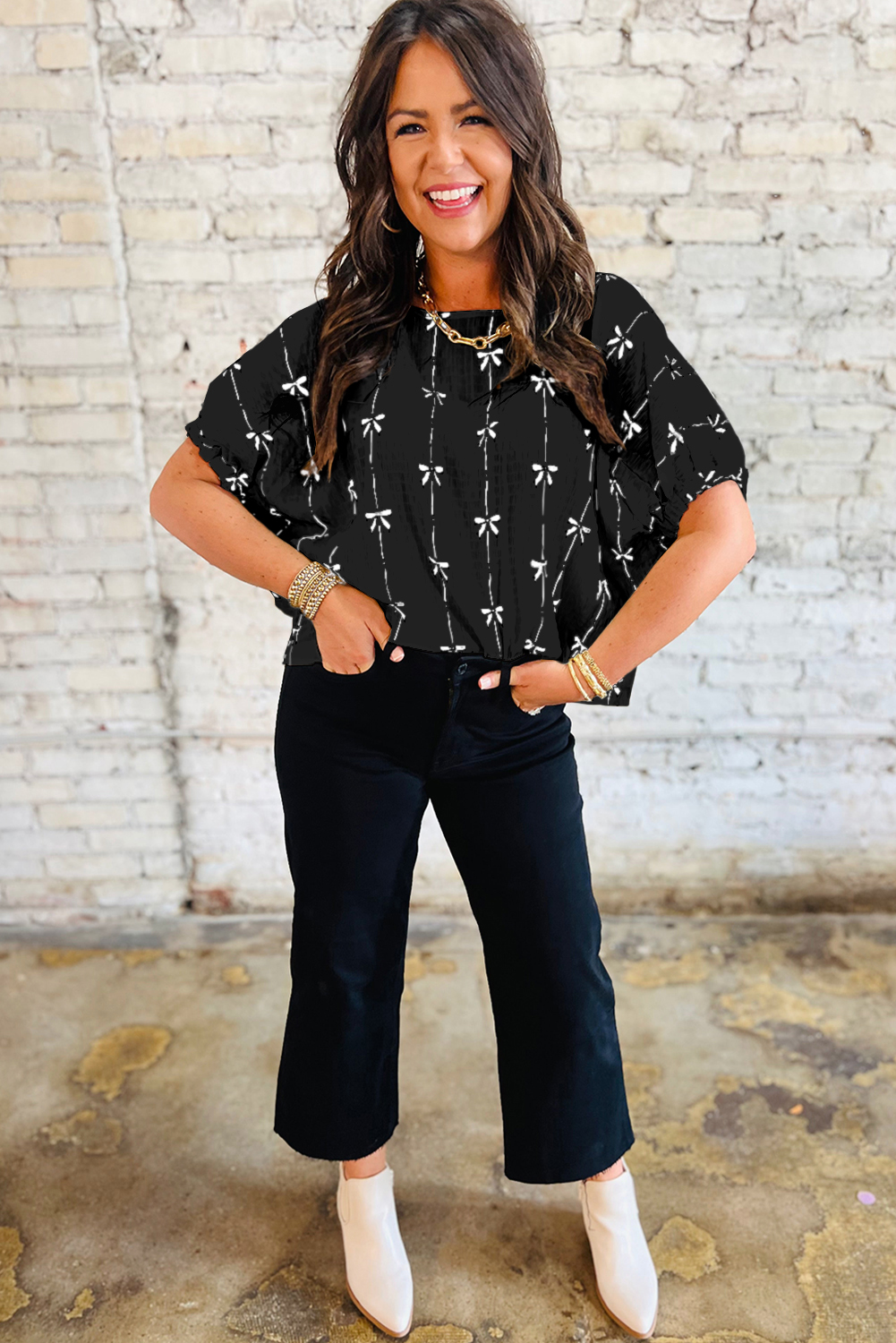Black Bow Print Puff Short Sleeve Top - Image 3