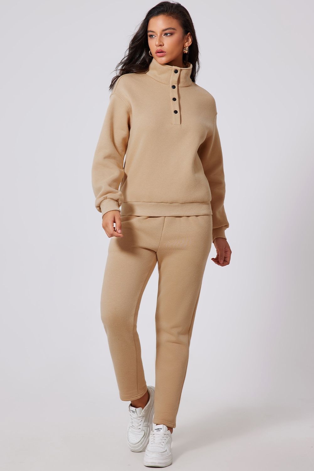 Parchment Solid Half Button Sweatshirt and High Waist Sweatpants Set - Image 3