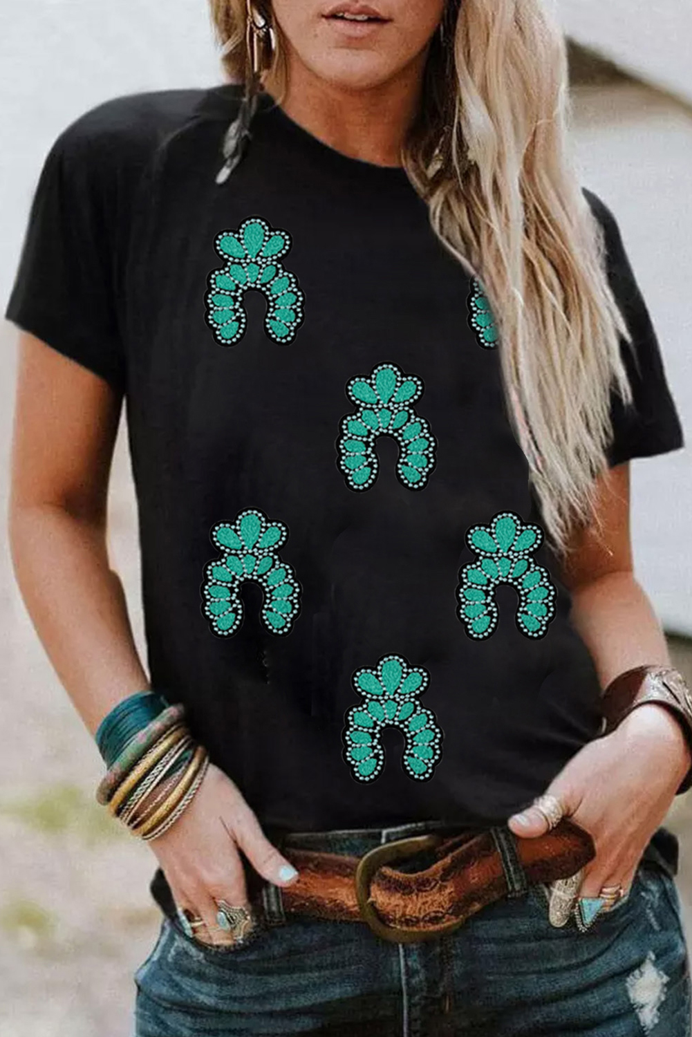 Black Western Turquoise Pattern Sequin Patched T Shirt - Image 5
