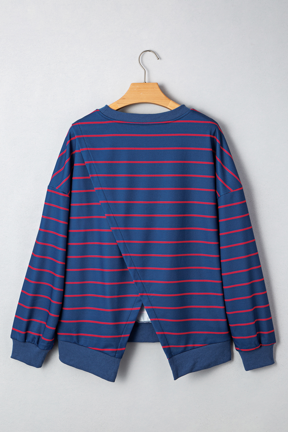 Blue Stripe Stylish Overlap Detail Drop Shoulder Pullover Sweatshirt - Image 5