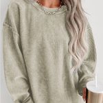 Green Solid Ribbed Knit Round Neck Pullover Sweatshirt