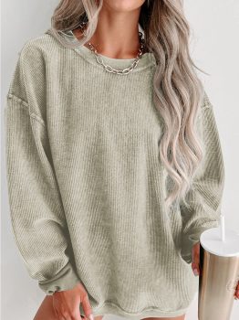 Green Solid Ribbed Knit Round Neck Pullover Sweatshirt