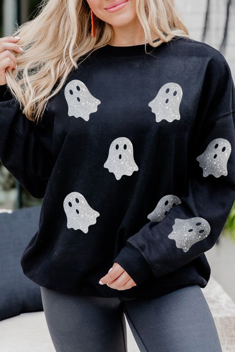 Black Glitter Ghost Pattern Crew Neck Halloween Sweatshirt - Image 2