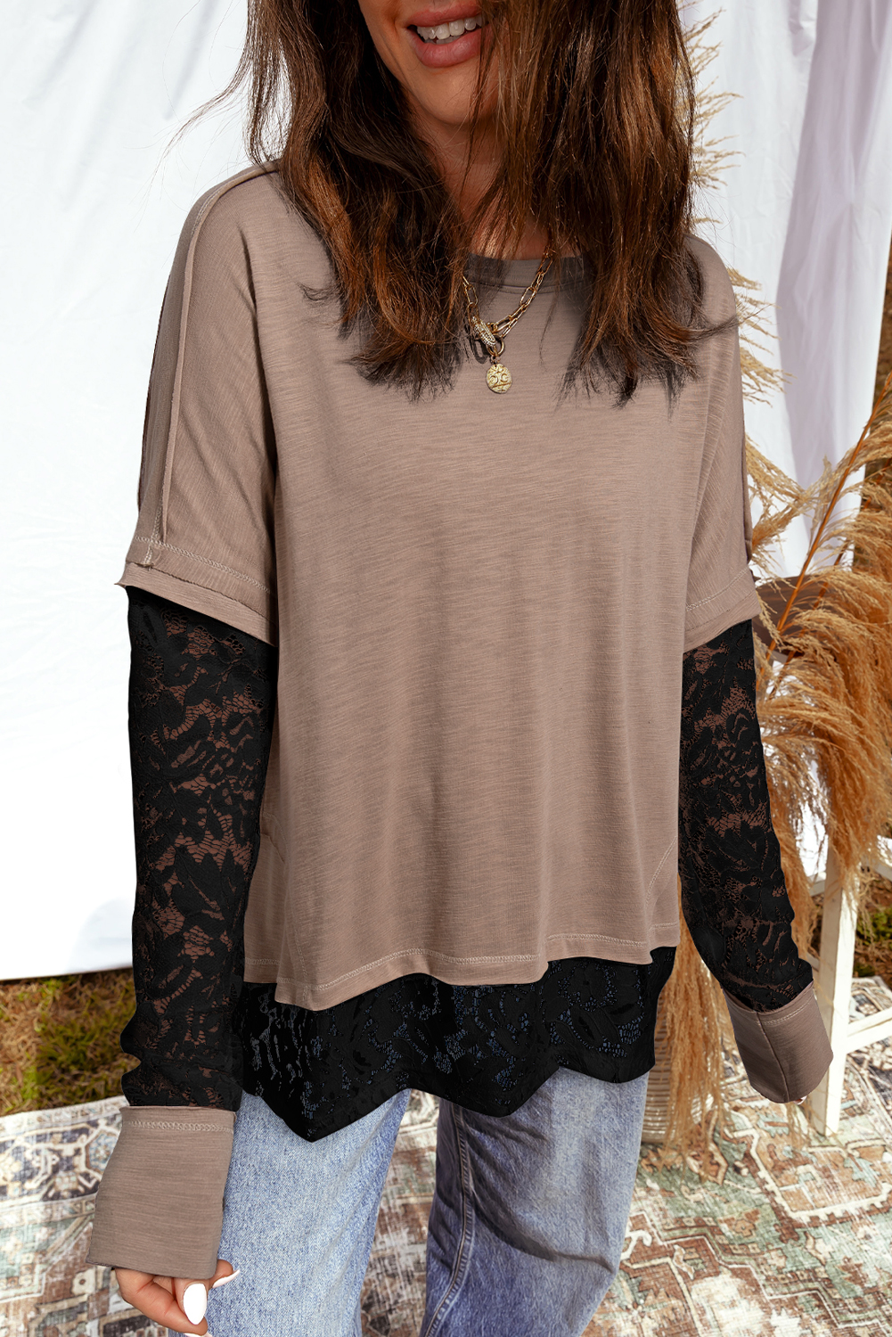 Light French Beige Sheer Lace Patchwork Casual Long Sleeve Tee