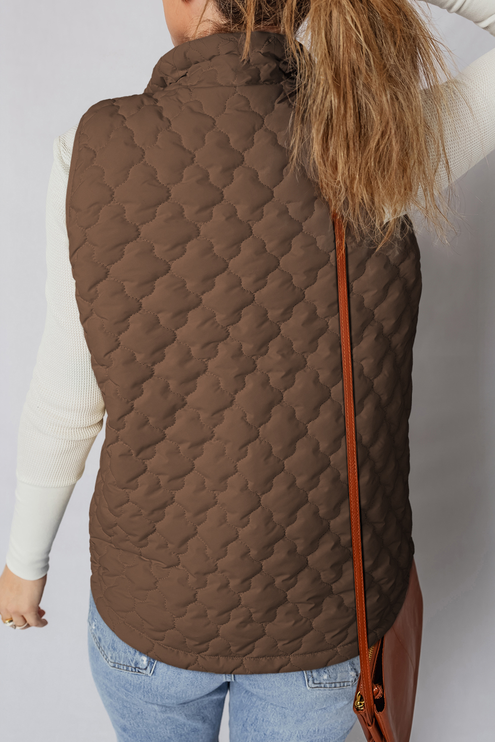 Dark Brown Flower Shape Quilted Snap Button Zip Up Winter Vest - Image 2
