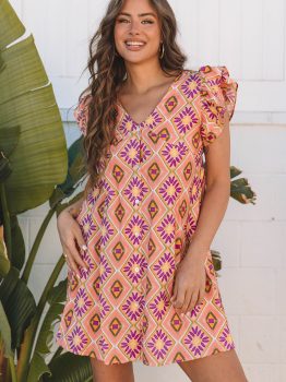 Orange Geometric Floral V Neck Buttoned Ruffled Sleeve Mini Dress