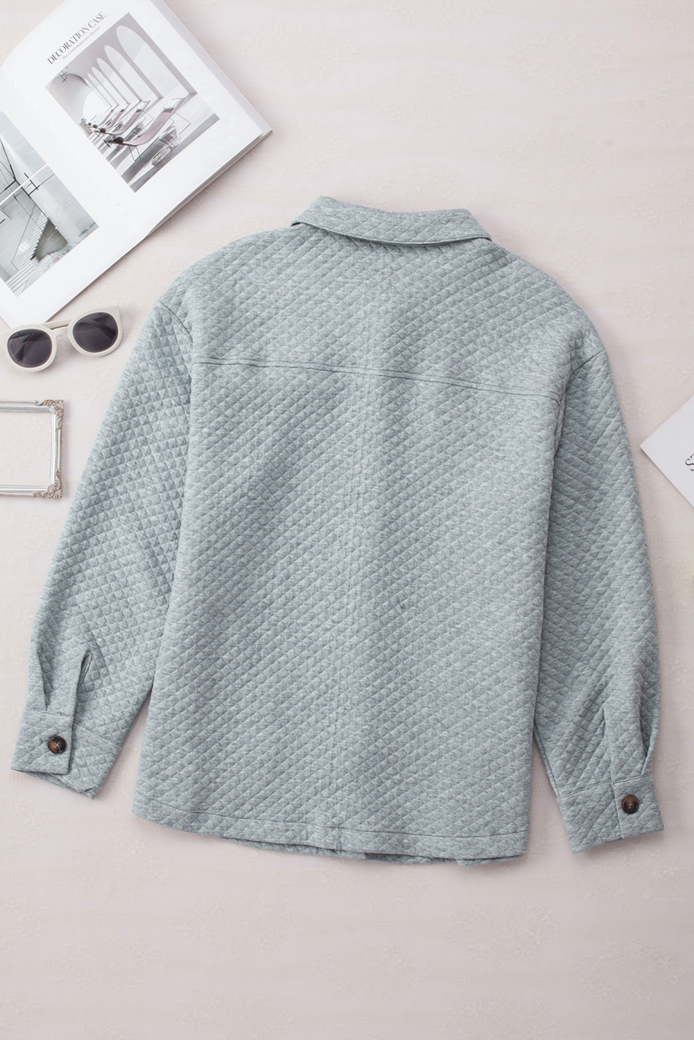 Gray Retro Quilted Flap Pocket Button Shacket - Image 7