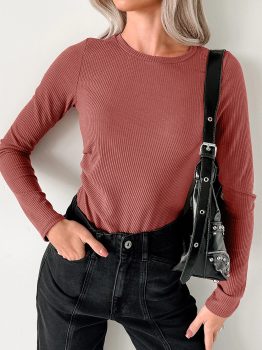 Mineral Red Ribbed Long Sleeve Crew Neck Solid Color Bodysuit