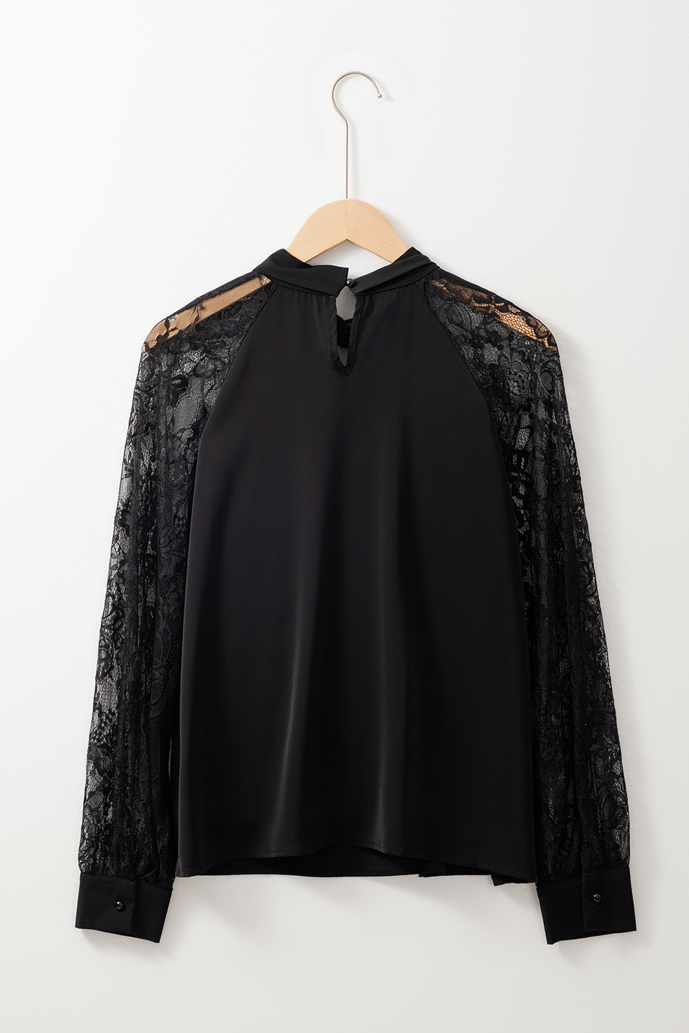 Black Keyhole Neckline Floral Lace Raglan Sleeve Blouse - Image 7