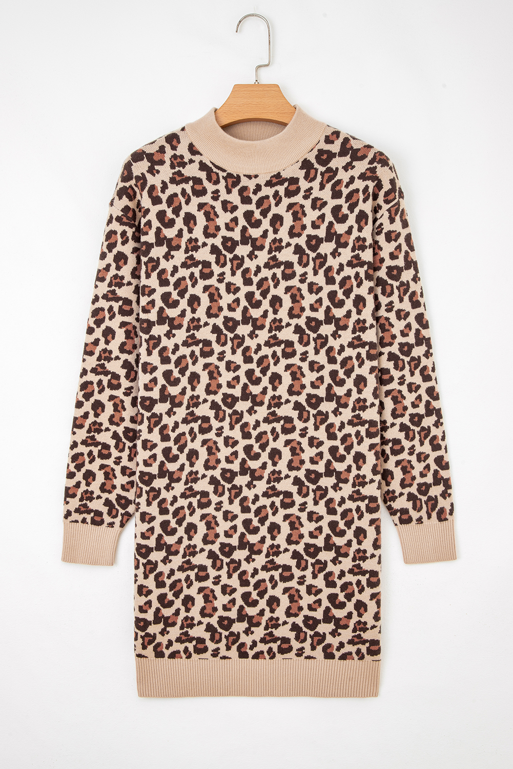 Khaki Leopard Print High Neck Shift Mini Sweater Dress - Image 3