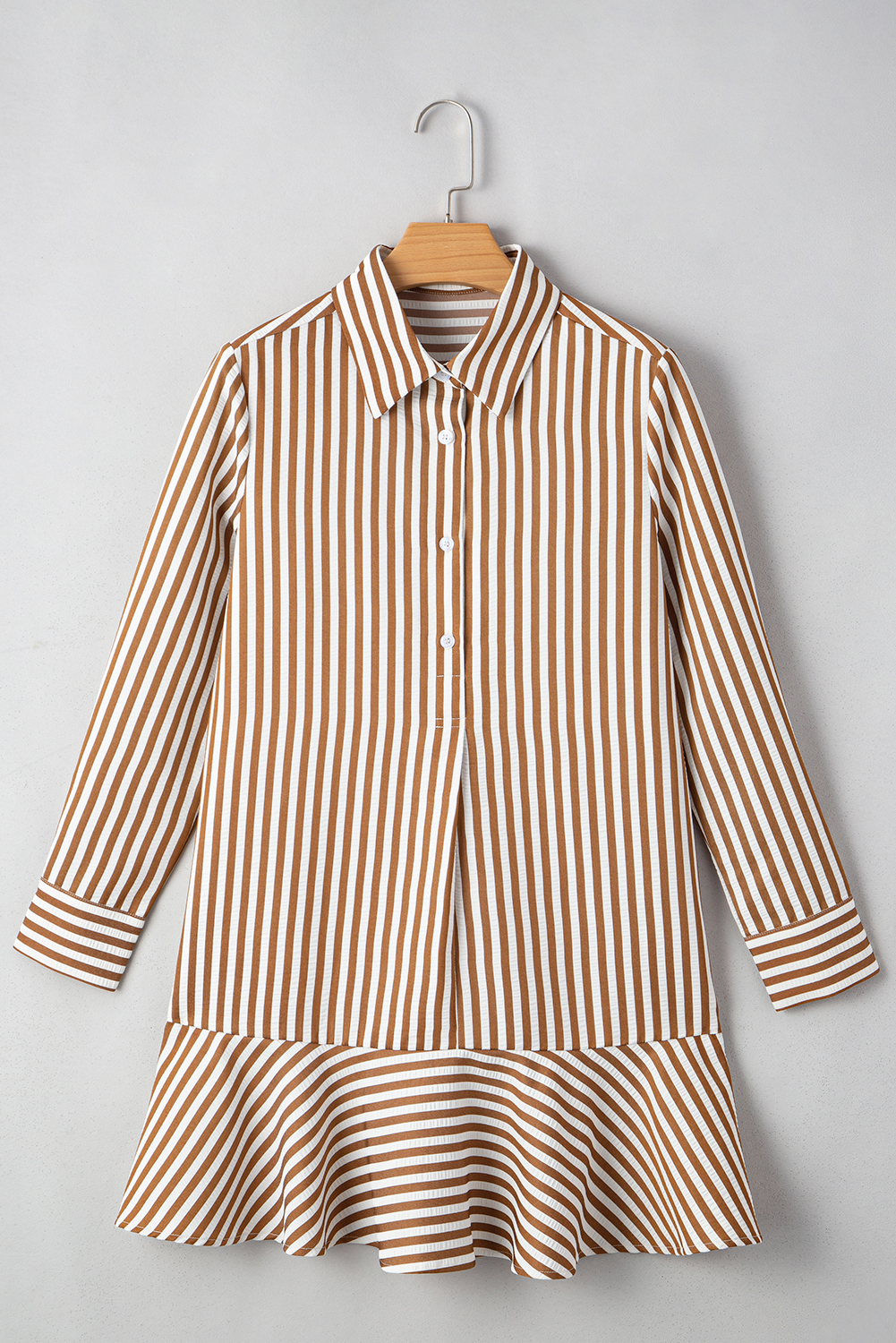 Brown Stripe Ruffled Hem Collared Long Sleeve Shirt Mini Dress - Image 8