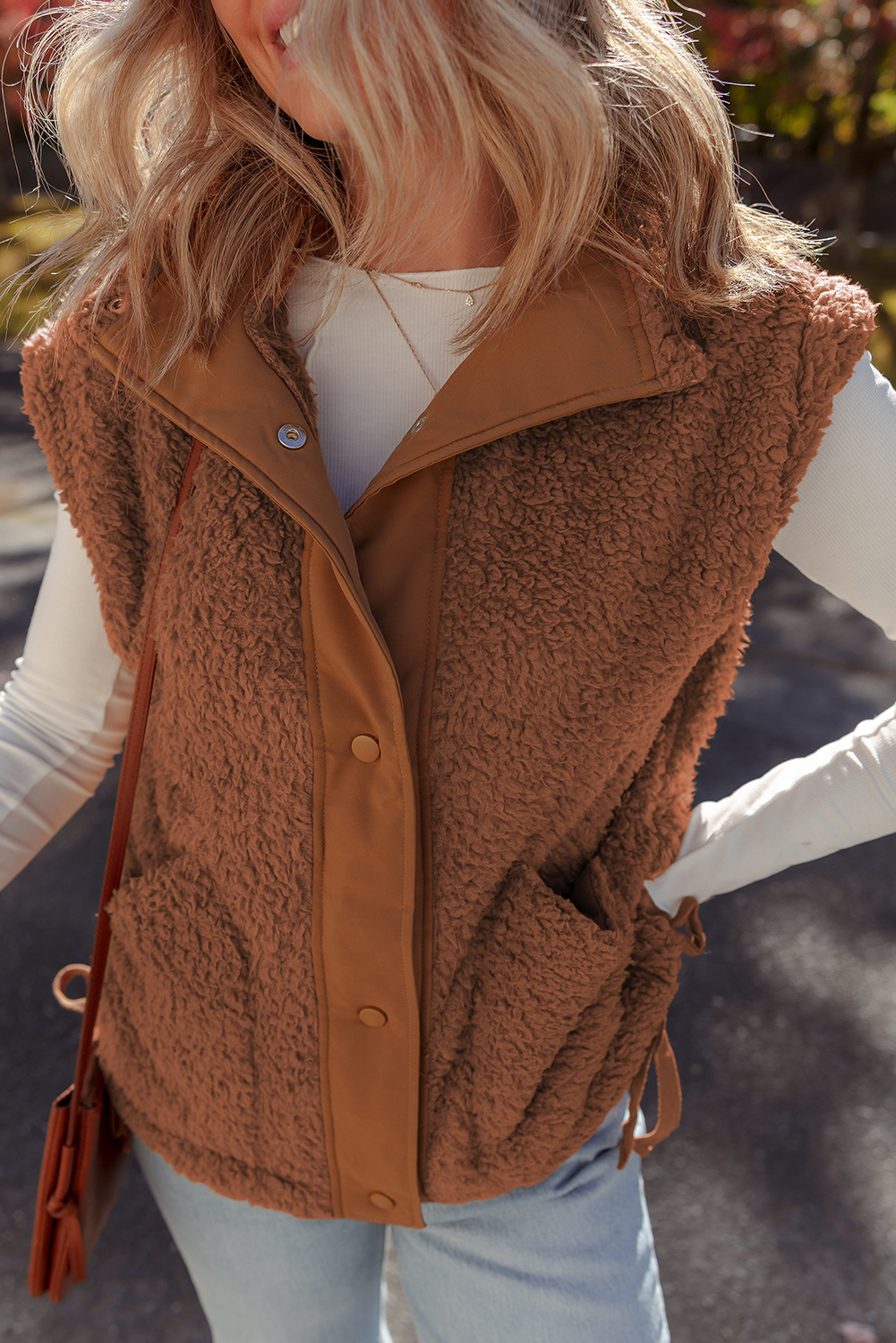 Cinnamon Faux Fur Snap Button Front Knot Side Plush Vest with Pockets - Image 5